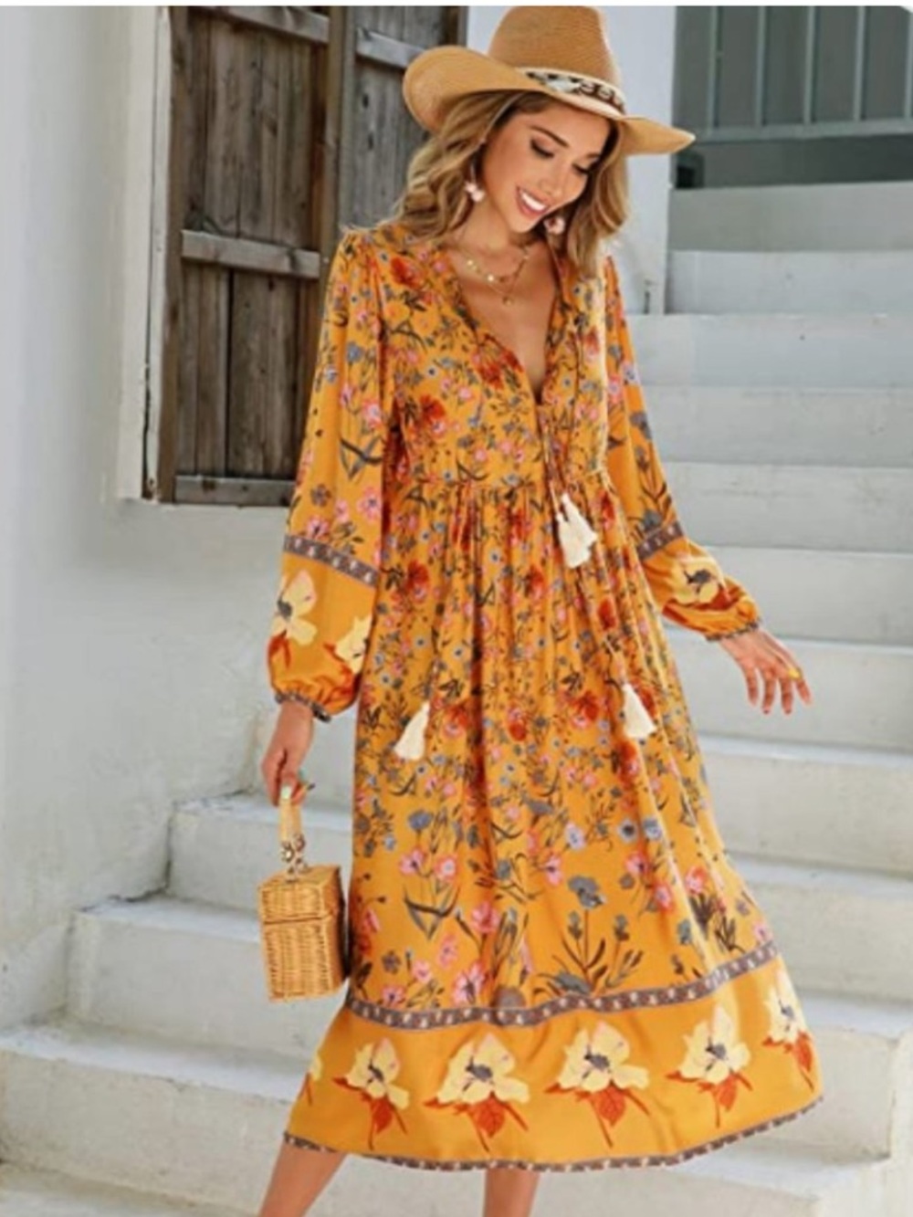 Women's Mustard Floral Maxi Dress with Tassel Tie